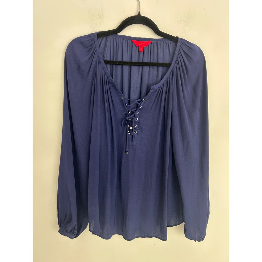 Jennifer Lopez Navy Blue Lace Up Peasant Blouse Long Sleeve Boho Top Womens M